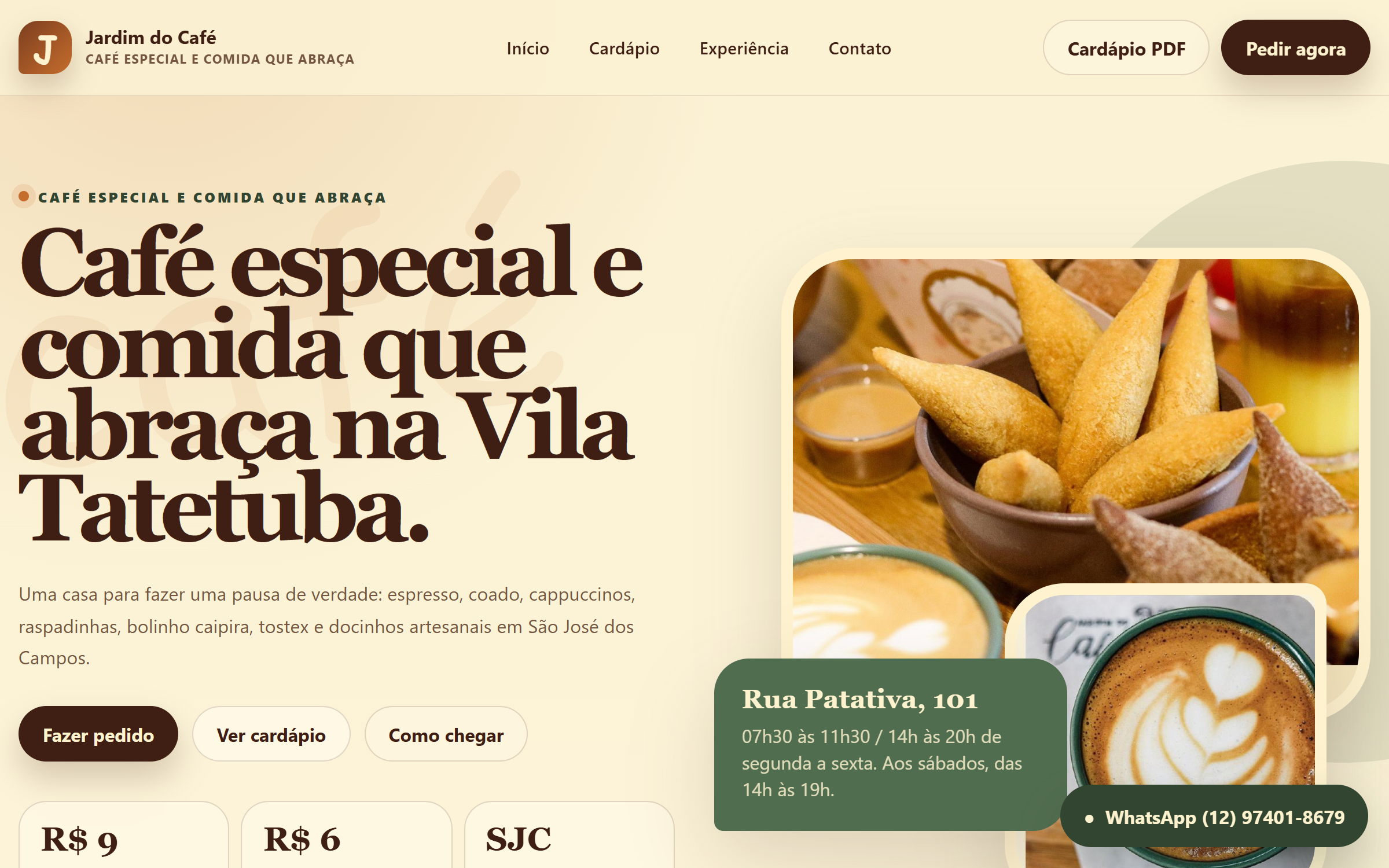 Site institucional da cafeteria Jardim do Café em São José dos Campos, com cardápio digital e SEO local