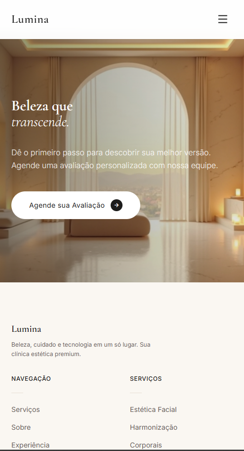 Versão mobile do site Lumina Clinic